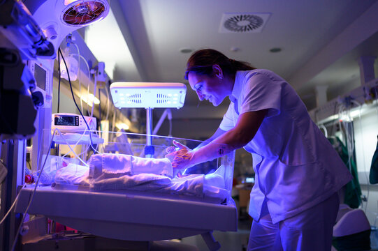 Nurse touching fragile newborn in neonatal incubator