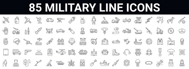 Outline set of 85 war, military, army line icons. Editable Stroke. Military Equipment, tools,  aids and appliances. collection and pack of linear icons.  
