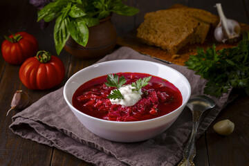 Traditional Russian-Ukrainian borsch with sour cream