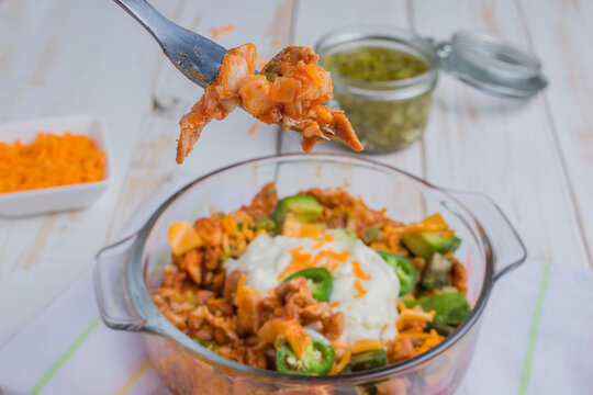 Delicious Chicken Enchilada Salad placed on table