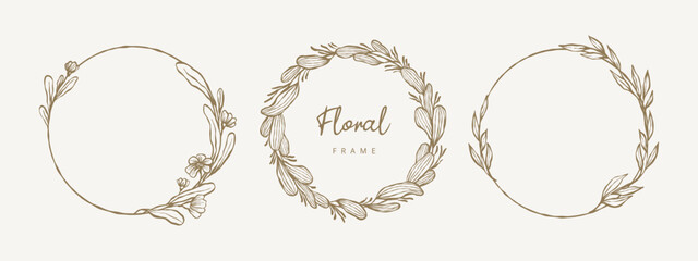 Hand drawn circle floral frame with flowers, branches and leaves. Wreath. Elegant logo template. Vector illustration for labels, 
branding business identity, wedding invitation