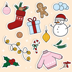 set of christmas stickers. New year, 2023, santa, gifts, snowman, illustration, lights, advent calendar, christmas toys.