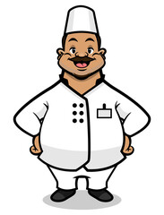 Cartoon illustration of Big Fat Man with mustache wearing chef uniform and greeting a Customer. Best for sticker, logo, and mascot with culinary business themes