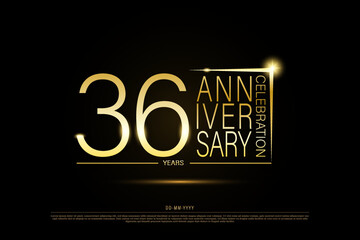 36 years anniversary golden gold logo on black background, vector design for celebration. - obrazy, fototapety, plakaty