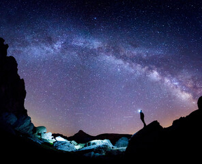 Traveler admiring starry sky in mountains