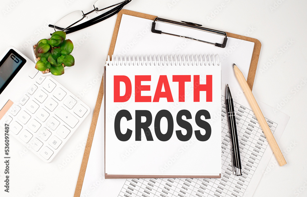 Poster office desk table with paper sheet, notepad ,chart and calculator. top view death cross