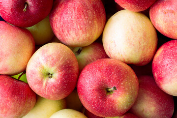 Fresh red apples with drops of water, closeup. Background
