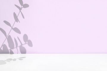 Plant shadows on violet color wall. Leaves shadow background. Branches, flowers and foliage on...