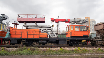 Petrol railcar for installation, repair, emergency and restoration work of the contact network on electrified railways. Side view