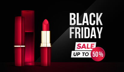 Vector realistic makeup sale banner design. Black Friday business promo flyer. Cosmetics luxury brochure. Premium lipstick ad poster. Cosmetology dark elegant background. November holiday sales