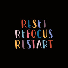 Hand drawn lettering motivational quote. The inscription: reset refocus restart. Perfect design for greeting cards, posters, T-shirts, banners, print invitations. Self care concept.