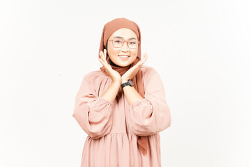 Smiling and looking at camera of Beautiful Asian Woman Wearing Hijab Isolated On White Background