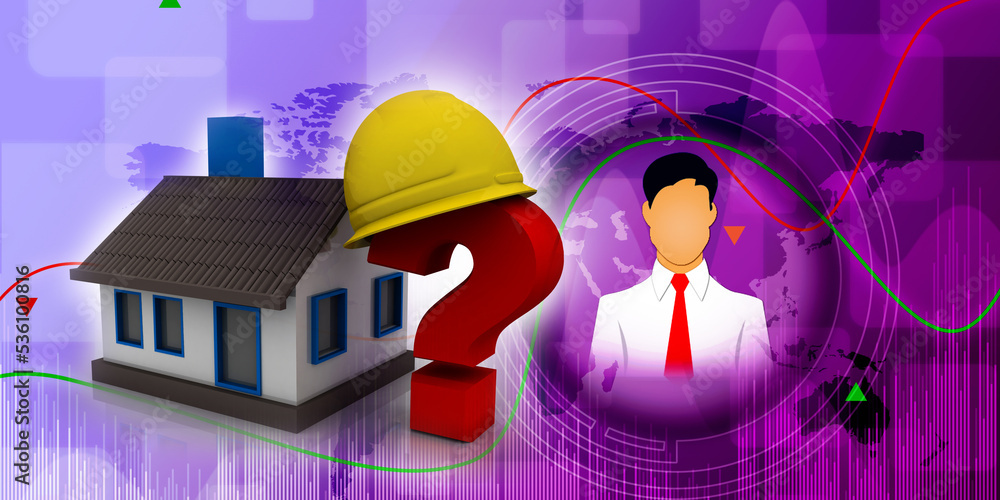 Poster 3d rendering house and helmet on question mark symbol