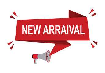 New arrival  vector illustration. Red vector banner with megaphone and white background.