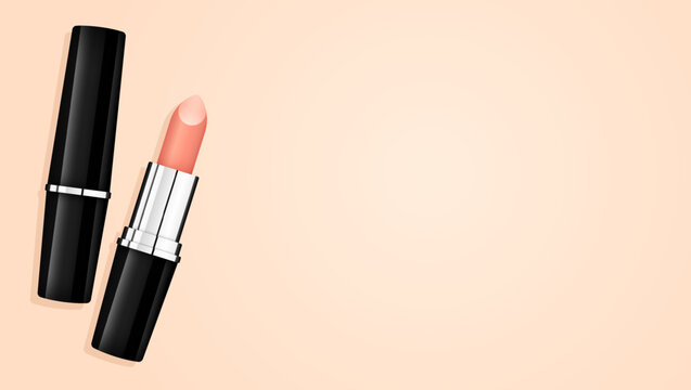Vector realistic pastel colors lipstick banner. Woman makeup pastel background. Lip stick black tube premium 3d mockup. Cosmetics objects illustration. Beauty advertising template. Cosmetology design