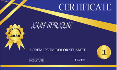 Blue and gold Certificate of achievement template set with gold badge and border. Award diploma design blank. Vector Illustration eps 10