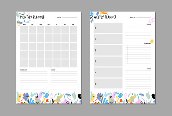 Monthly and weekly planner insert to diary, planner, organizer. Template with to do list, goals and notes section. Colorful abstract vector illustration.