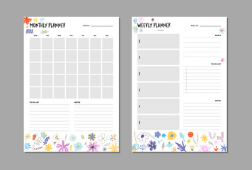 Monthly and weekly planner insert to diary, planner, organizer. Template with to do list, goals and notes section. Colorful floral vector illustration.