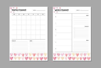 Monthly and weekly planner insert to diary, planner, organizer. Template with to do list, goals and notes section. Colorful watercolor hearts vector illustration.