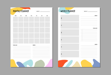 Monthly and weekly planner insert to diary, planner, organizer. Template with to do list, goals and notes section. Colorful abstract vector illustration.