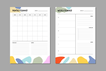 Monthly and weekly planner insert to diary, planner, organizer. Template with to do list, goals and notes section. Colorful abstract vector illustration.