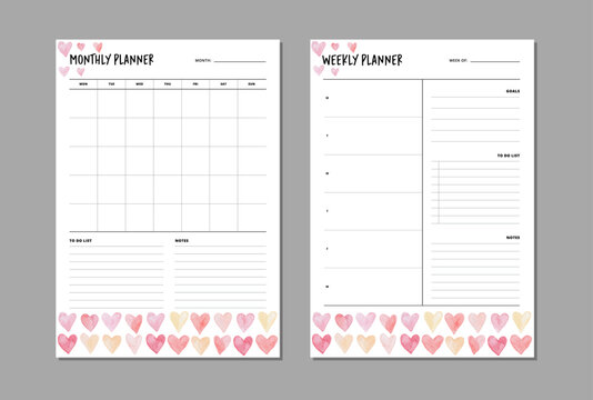 Monthly and weekly planner insert to diary, planner, organizer. Template with to do list, goals and notes section. Colorful watercolor hearts vector illustration.