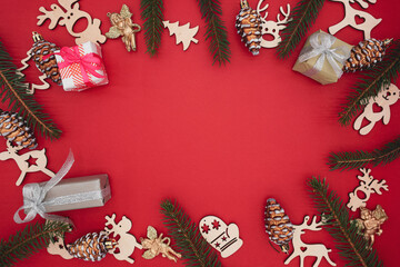 Christmas background concept. Red background. Creative christmas concept. Top view. Space for text.