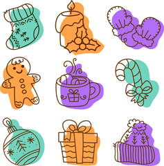 Christmas cartoon outline doodles, black and white clip art, isolated on white background