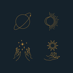 Aesthetic hands and cosmic and celestial elements. Universal cosmos related icons. Linear vector illustrations. Magic and Witchcraft symbology.