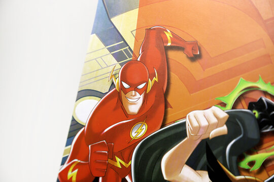  Comic magazine of The Flash and The Justice League. Flash in action. Superhero illustration. Fight of good against evil. DC Comics