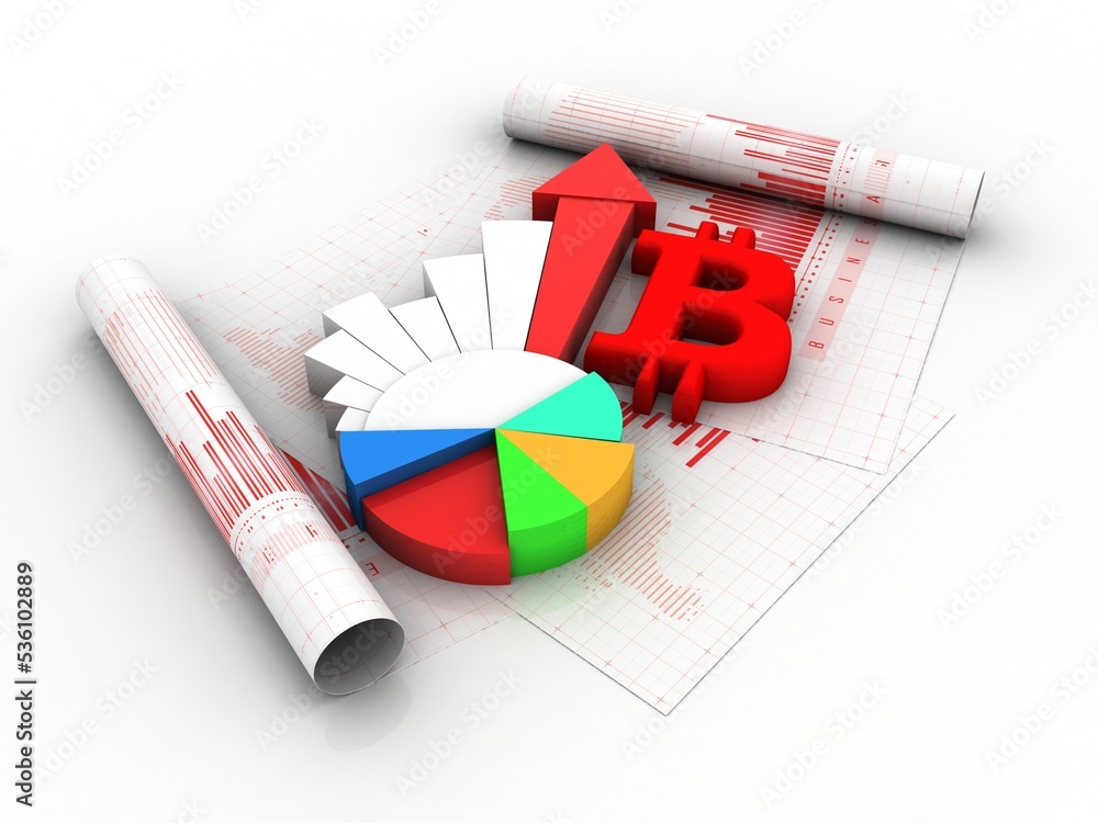 Poster 3d rendering bitcoin sign with graph