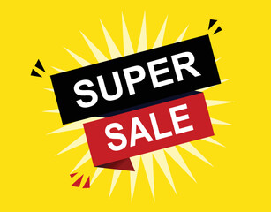 Vector Illustration Super Sale. Red and black vector label with yellow background
