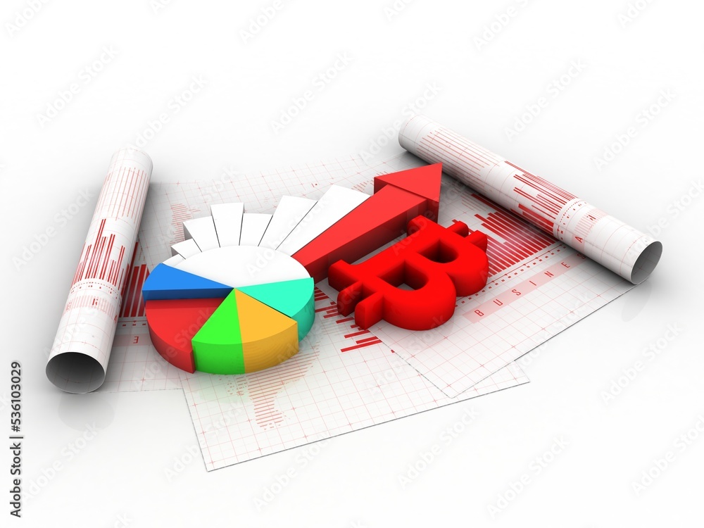 Poster 3d rendering bitcoin sign with graph