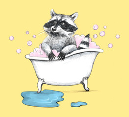 A cute raccoon washes its paws in a bubble bath.