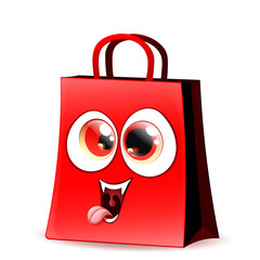 Shopping red paper bag funny Dracula. Halloween sale concept