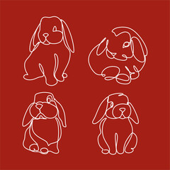 Continuous one line drawing of Bunny symbol of 2023 year. Fluffy rabbit silhouette with ears in simple linear style for winter design greeting card and web banner. Doodle Vector illustration
