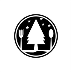 Vector logo design illustration of fir tree silhouette, fork and spoon at night.