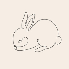 Continuous one line drawing of Bunny symbol of 2023 year. Fluffy rabbit silhouette with ears in simple linear style for winter design greeting card and web banner. Doodle Vector illustration