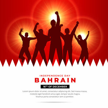 Shiny Bahrain Independence Day design with silhouette of cheerful youth vector.