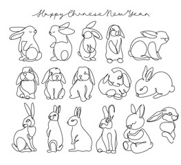 Fototapeta premium Continuous one line drawing of Bunny symbol of 2023 year. Fluffy rabbit silhouette with ears in simple linear style for winter design greeting card and web banner. Doodle Vector illustration