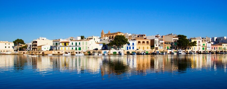 Panorama of the city and port of Porto Colom on the island of Mallorca in Spain in the Balearic archipelago.