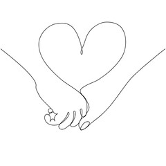 Two hands and a heart drawn with one line. Isolated on white background. Vector