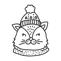 Baby animal cat, winter line animal, cute animal cartoon vector, thickly clothed animal, adorable baby cat line vector, minimalist line design