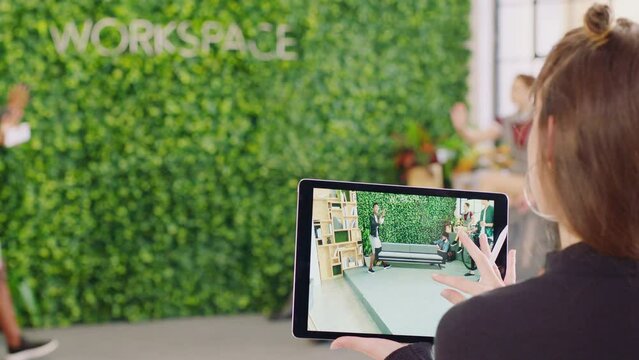 Woman, tablet and augmented reality for futuristic office, 3d sofa or couch. Ai, vr software app and female with coworkers planning lounge workspace or furniture with 5g digital future hologram tech