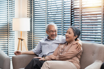 Asian elderly couple relaxing talking having happy moment in living room at home, couple enjoy love...