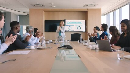 Clapping hands, success and meeting with employees at a marketing company. Woman manager in leadership during a corporate workshop with applause for support, celebrating and business motivation