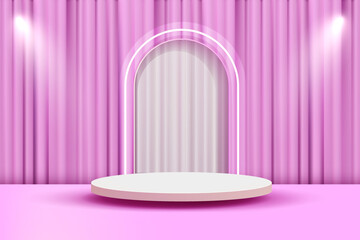 Naklejka na ściany i meble 3d abstract scene background floating white podium with curtain gate purple background