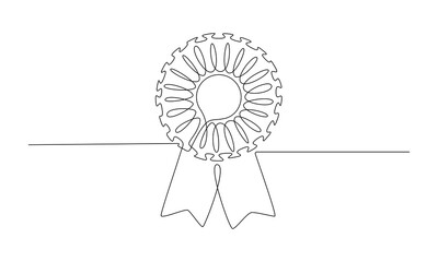Rosette Stamp award badge with ribbon in one continuous line drawing. Premium quality product and high warranty concept or logo and divider in simple linear style. Doodle vector illustration