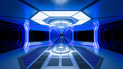 Blue spaceship interior with illuminated projector. Futuristic corridor in space station with   neon lights background. 3d rendering © anon