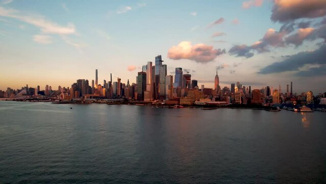 4K Drone Flying Towards New York City Skyline Sunset